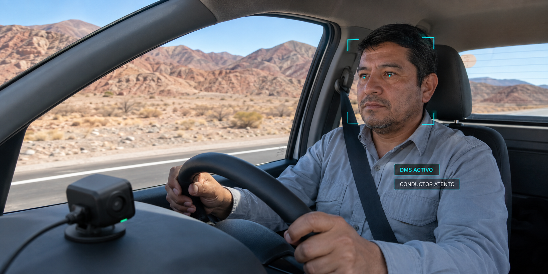 Representación fotorealista de un conductor en Atacama con cámara interior y seguimiento DMS de atención