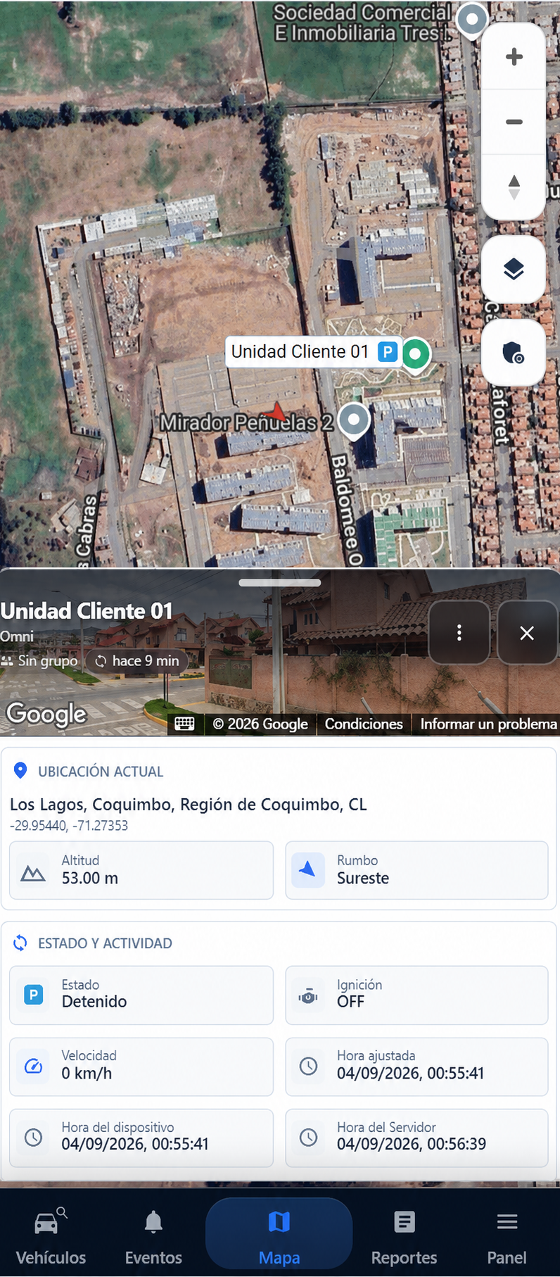 Aplicación móvil Biltech GPS mostrando ubicación y estado de una unidad