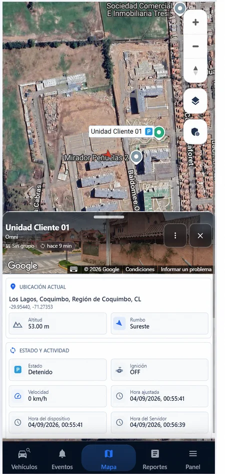 Aplicación Biltech GPS con ubicación y estado de una unidad