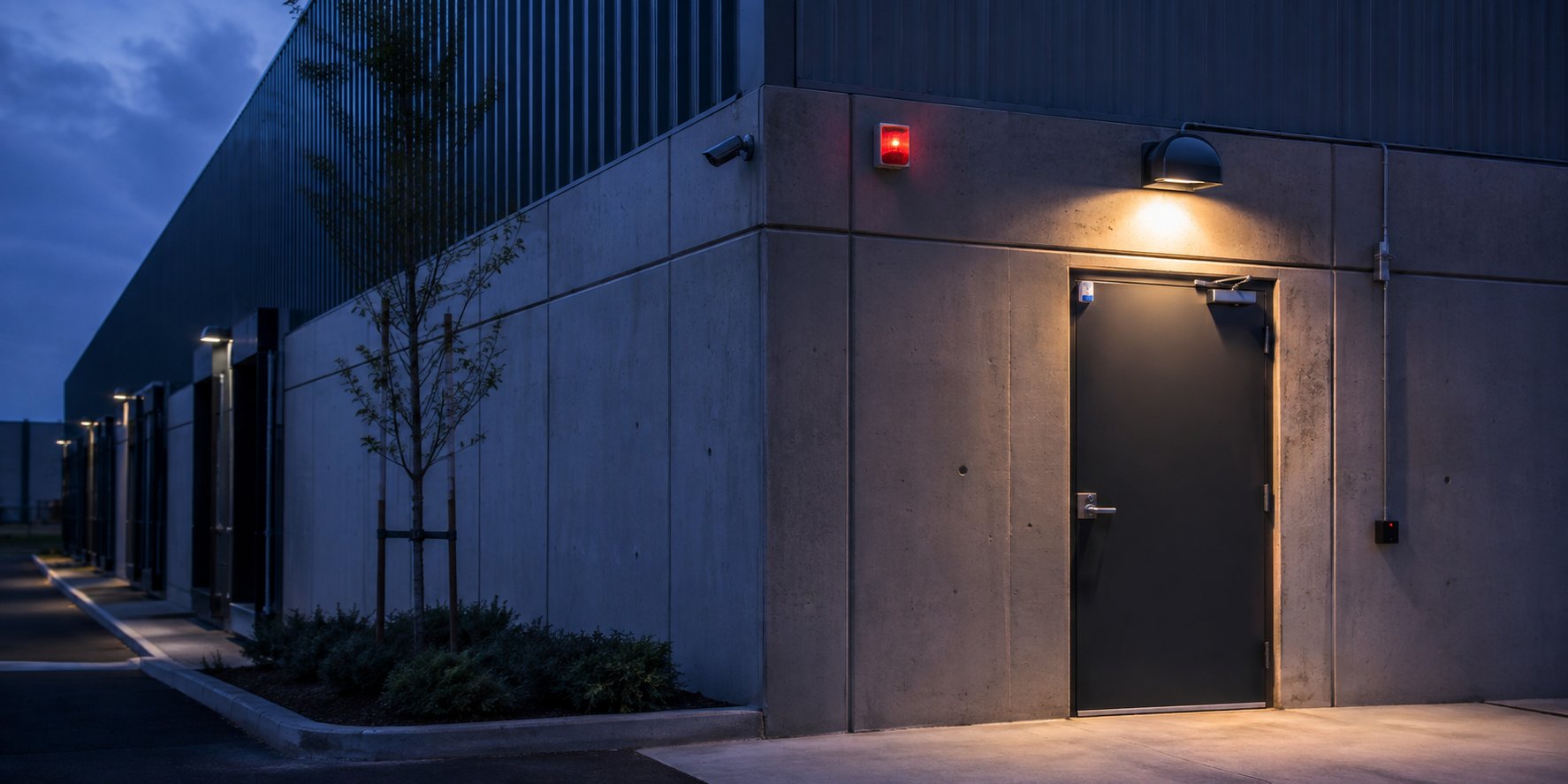 Acceso comercial protegido con alarma e iluminación de seguridad