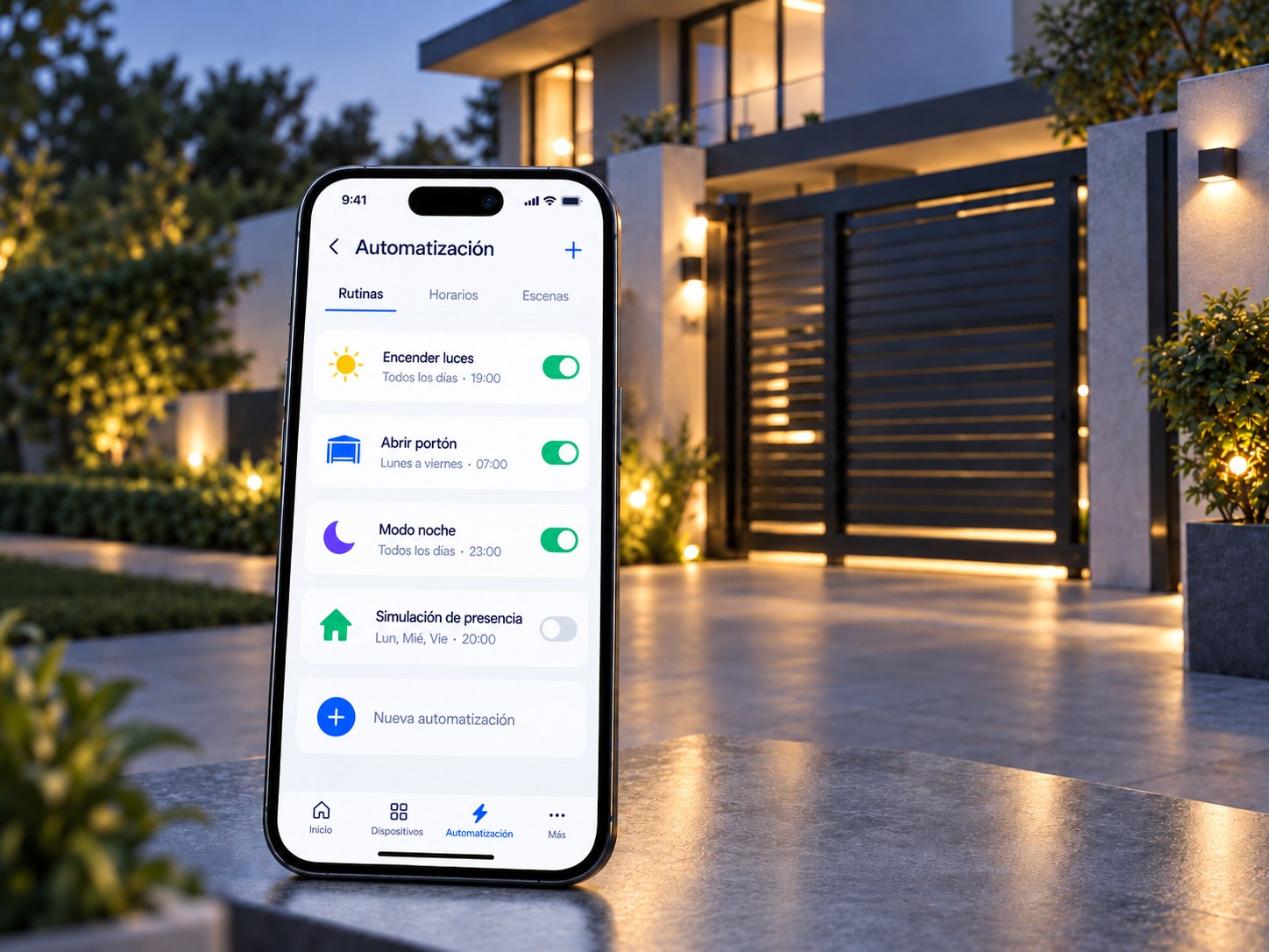 Panel móvil con rutinas programadas de iluminación, portón y modo noche