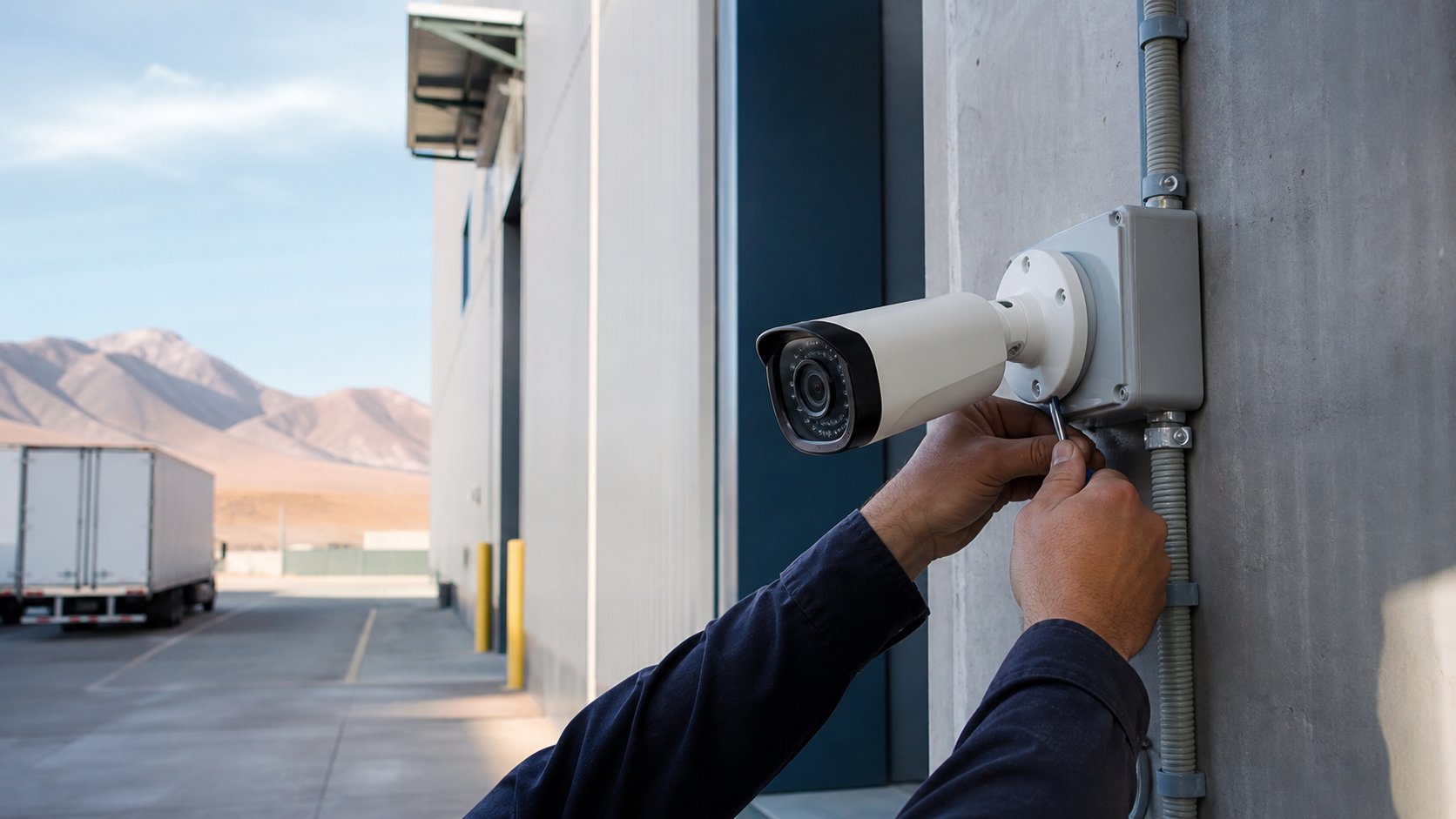 Instalación y ajuste de una cámara CCTV en un recinto industrial
