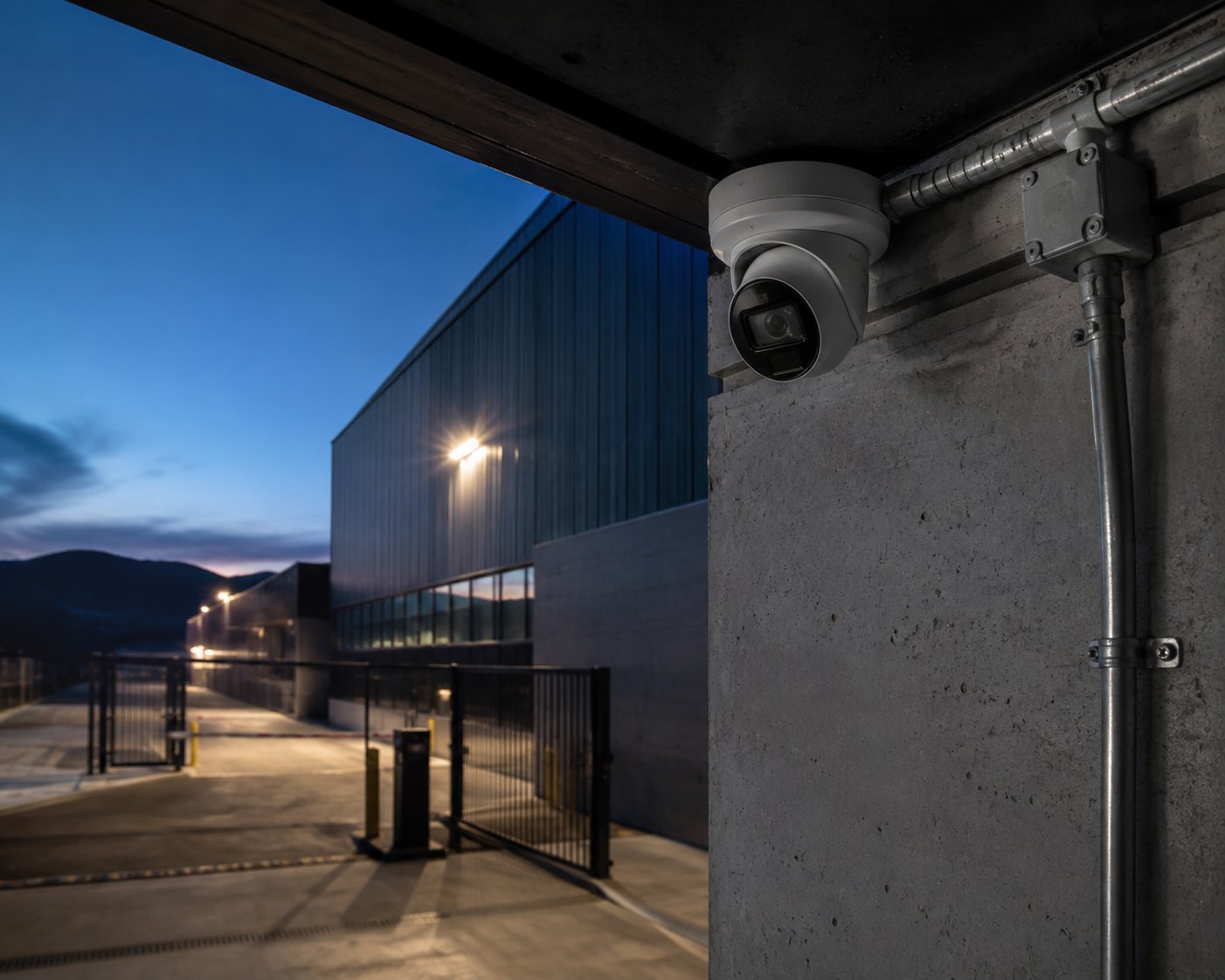 Cámara de videovigilancia instalada en un acceso industrial